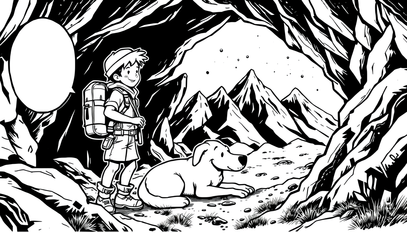 AI Comic idea created from the prompt: comic panel, bold inks, halftone shading, speech-bubble ready composition, Cómic escolar. Un joven explorador con mochila y linterna encuent