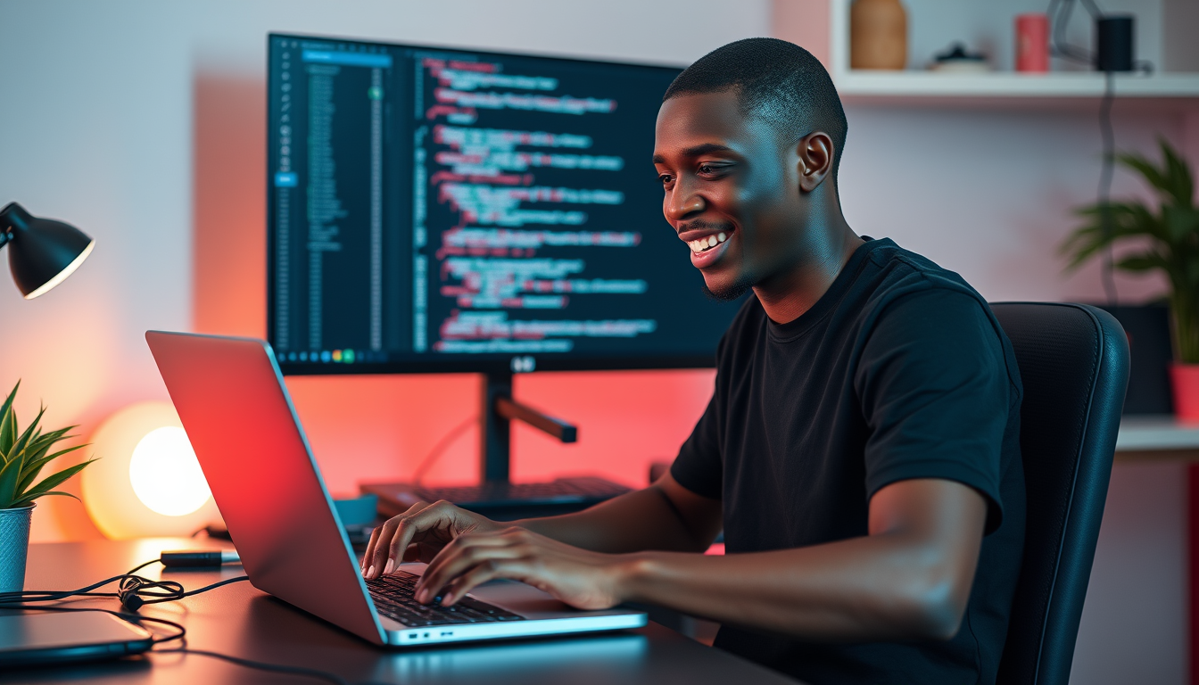 Main art studio: help me generate an image of a black young nigerian guy about 17 to 18 years old coding in a studio, the name of the Studio is (AmoridWeb Studio), the