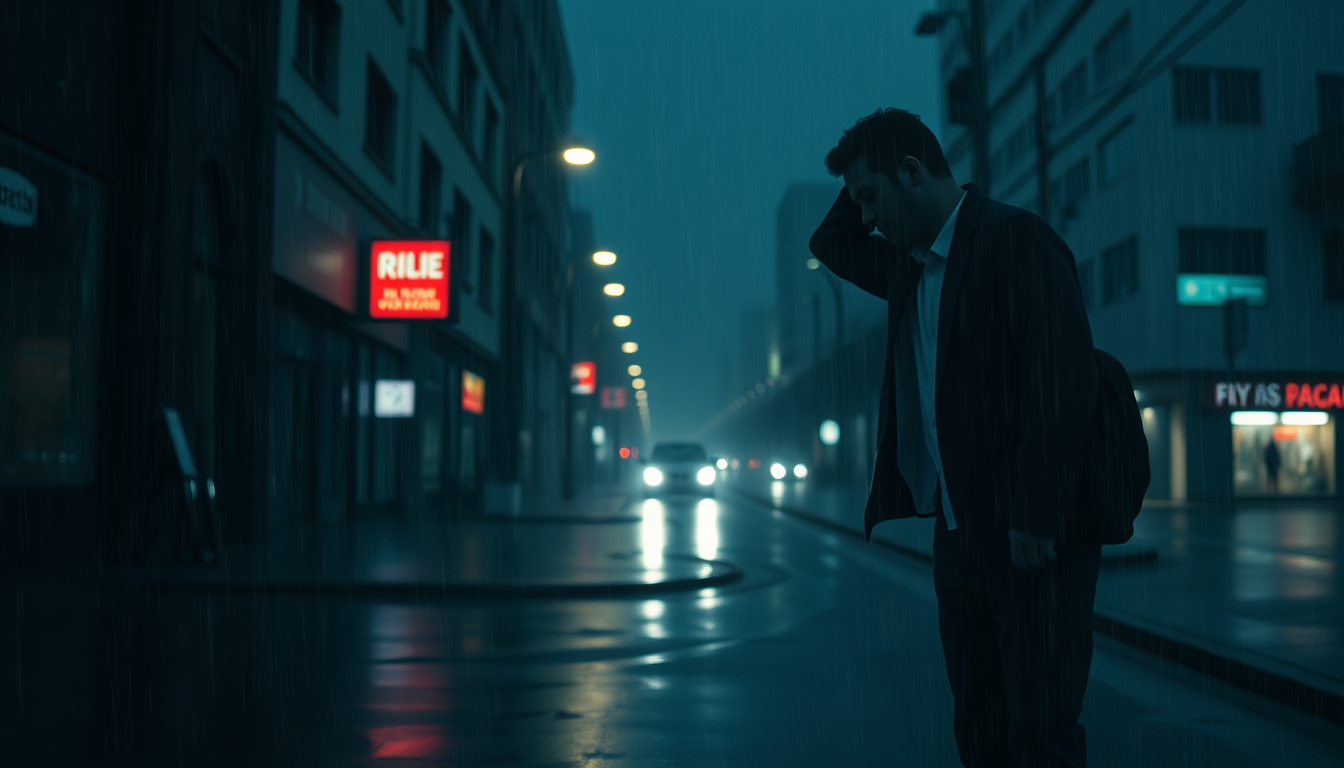 Background idea created from the prompt: background image, clean versatile scene, balanced composition, Lonely man in rain, dark cinematic mood, sad, empty street, no text , high-re