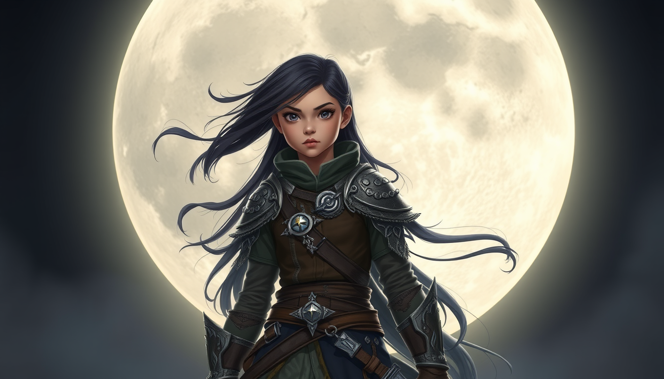 Characters idea: an original character defined by silhouette, role, outfit, palette, and expression, deliberate composition, A brave young fantasy warrior girl, long d
