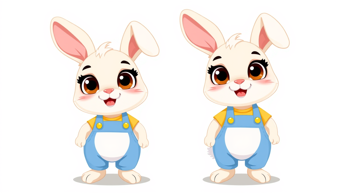 Main art studio: The same cute little bunny Coco, full body, standing and smiling, soft white fur, big brown eyes, yellow shirt and blue overalls, colorful children’s
