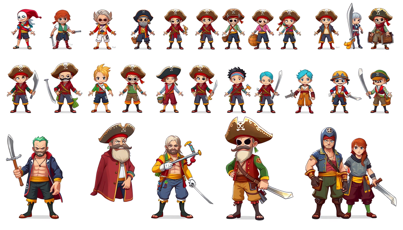 Sprite Sheet idea: sprite sheet, multiple character poses, clean grid layout, pixel game asset style, consistent character design, pirate one piece marine , game sprite 