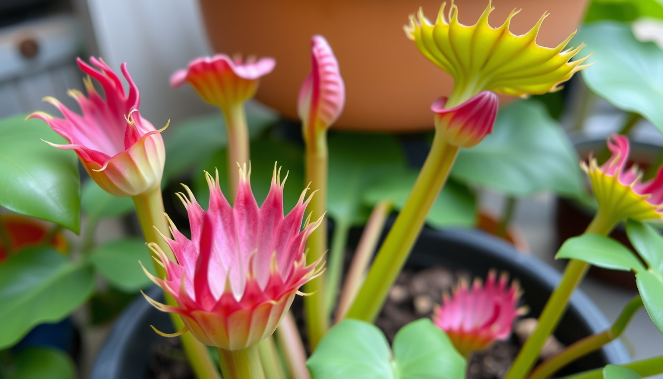 Main art studio: venus flytrap but are much bigger and taller and are flatter and have a long and slim stem and are green with a pink hue and have a surface to catch f