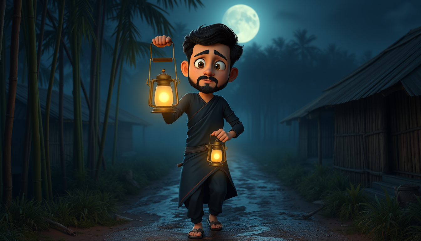 Main art studio: Semi-realistic 3D cartoon, cinematic Bengali horror. Rashed, a handsome mature 31-year-old Bangladeshi man with fair wheatish skin, sharp jawline, thi