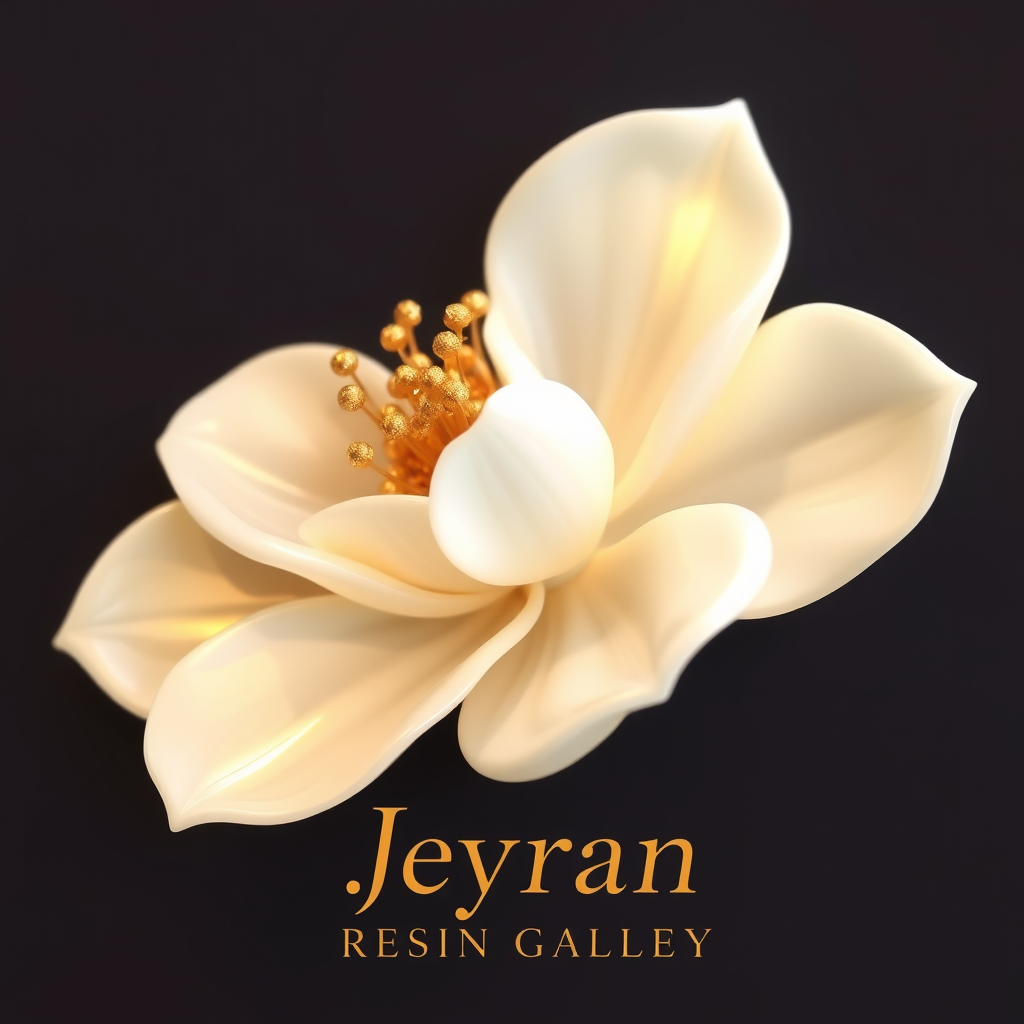 Main art studio: Luxury eye-catching resin art logo, elegant white and champagne gold colors, a stunning glossy resin flower with delicate golden details, soft glow, p