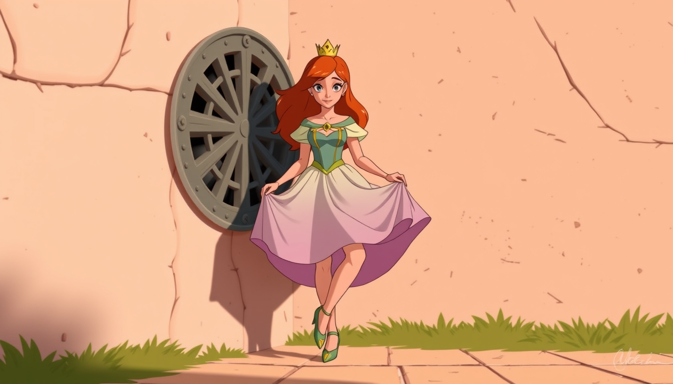 Main art studio: Princes bubbkegum from adventuretime steps next to a wall vent that made her skirt flutter beautifuly then she holds the middoe age of her skirt with 
