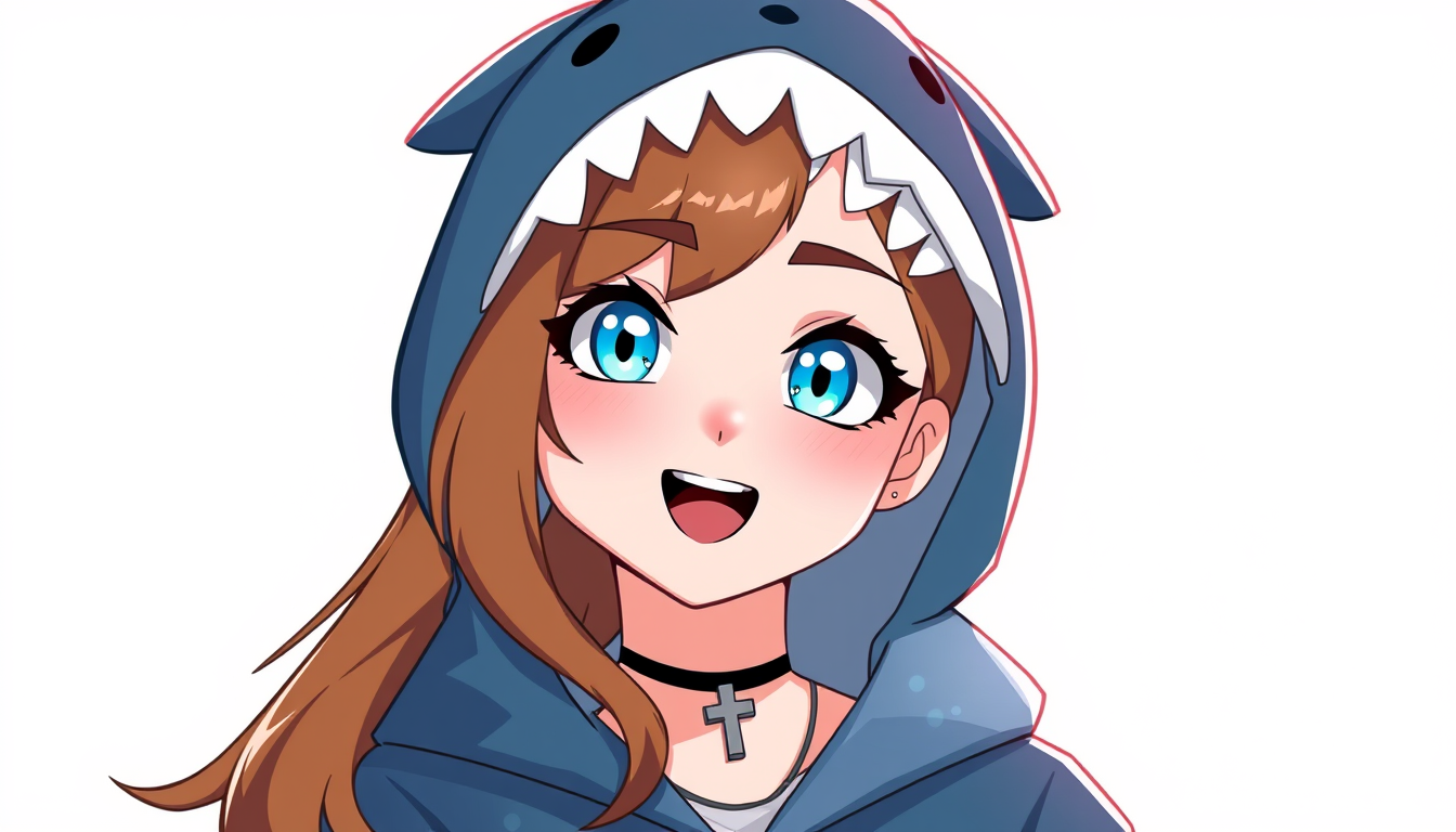 VTuber idea: vtuber avatar character, anime style, expressive face, streaming-ready design, Make a amle vtuber with a cross necklace and a shark hoodie that cute a