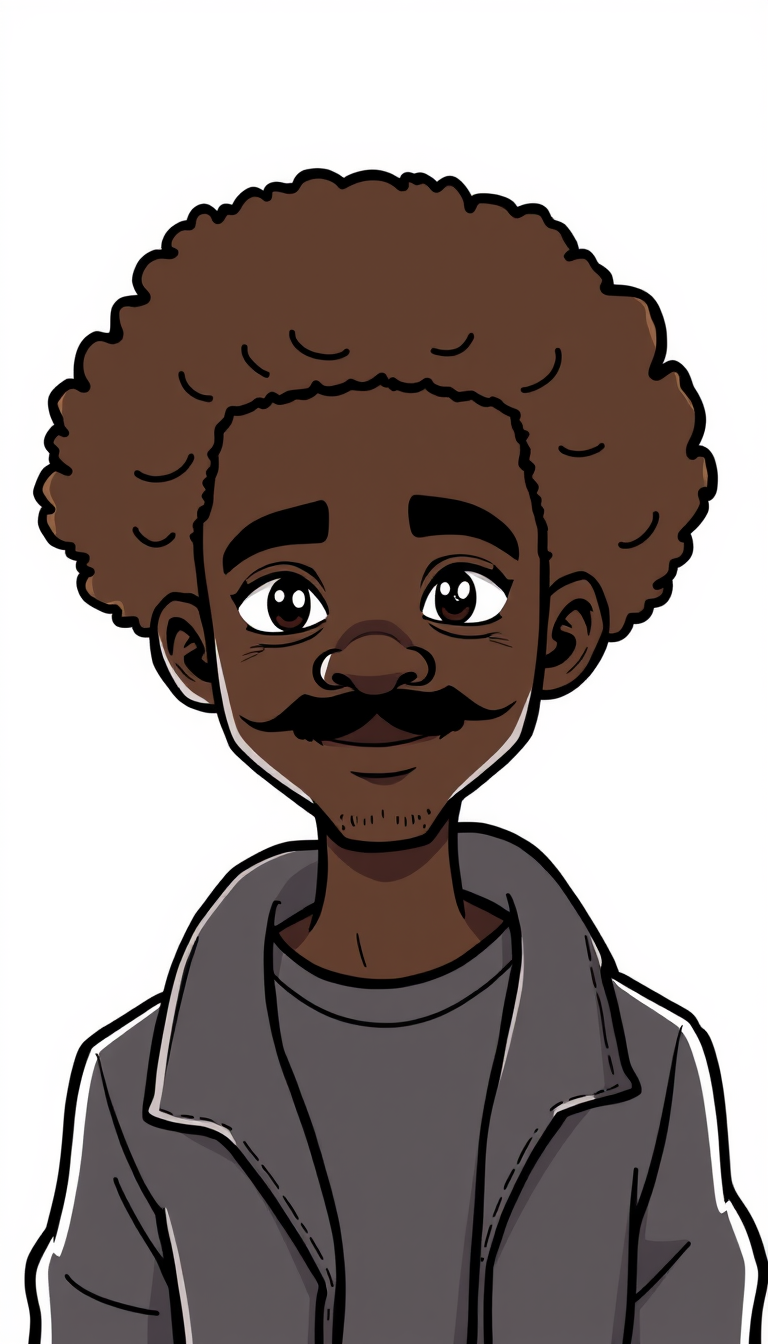 Cartoon Avatar idea created from the prompt: cartoon avatar, head-and-shoulders, bold outlines, flat shading, une personne noir avec un afro en mode cartoon avec plusieur emotion sans m