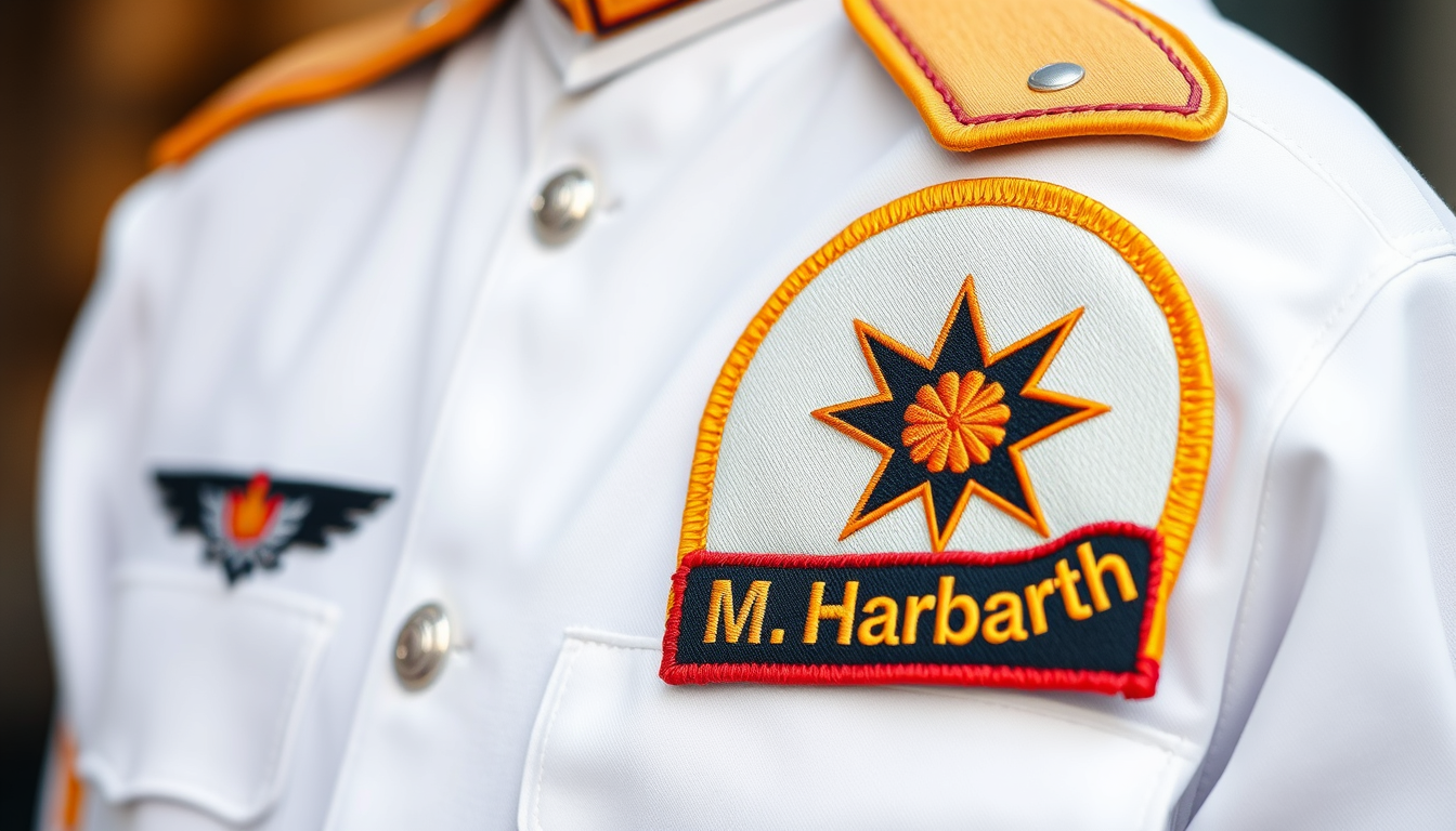 Main art studio: Eine Uniform in Weiß und Hellgrau mit einem Deutschland wappen einem Wappen mit einem orangenen stern drauf und dem Namen "M.Harbarth" darauf