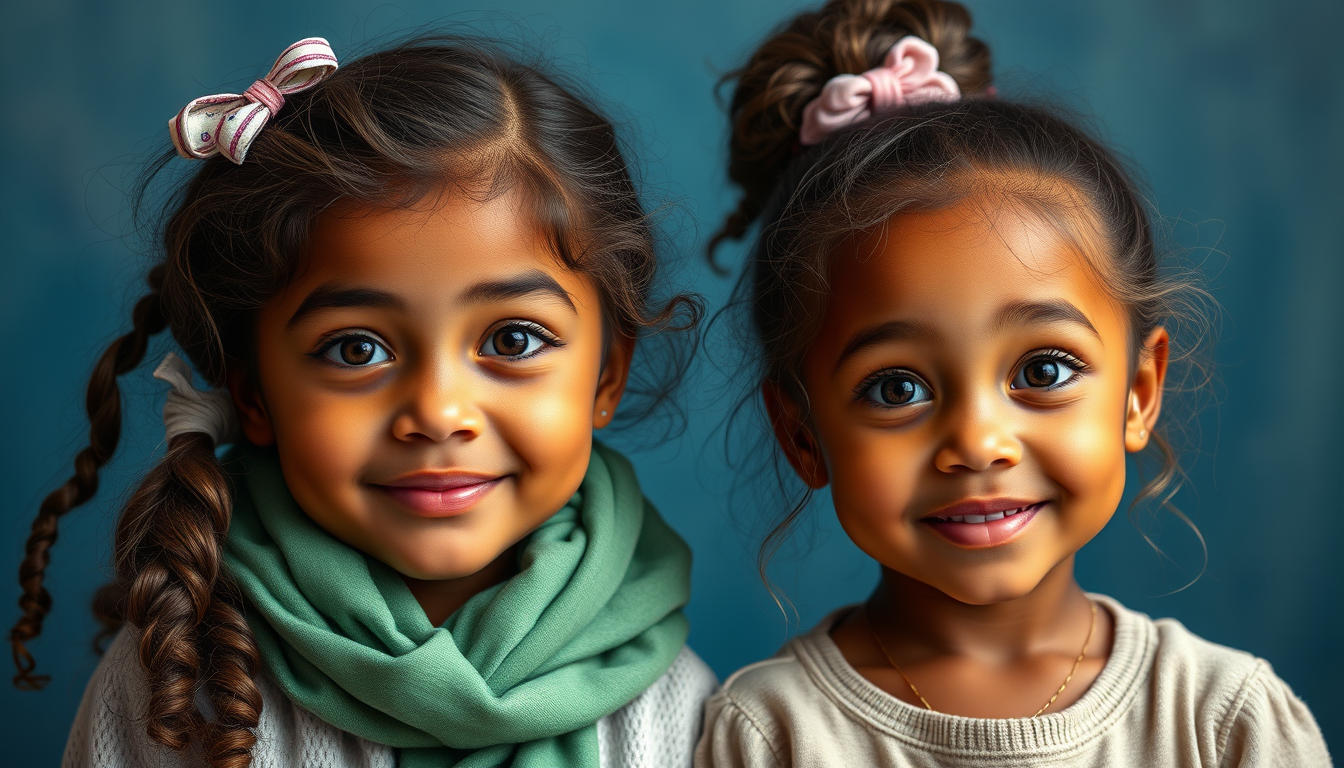 Main art studio: Make a image of two girls in the age of 9...one girl should be chubby with brown skin tone the other one should be a caramel colour and lean