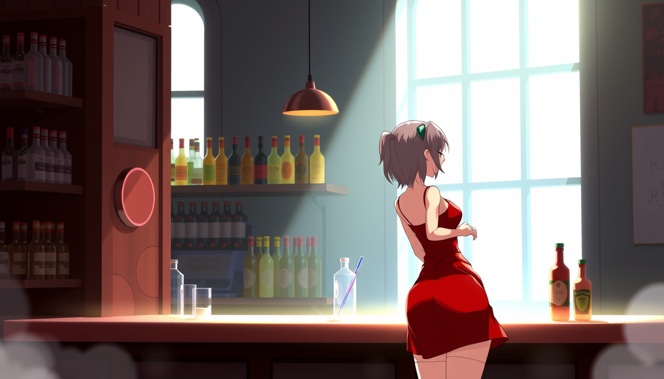 Main art studio: 1girl, gigantic butt 2.0, red short dress, bar,