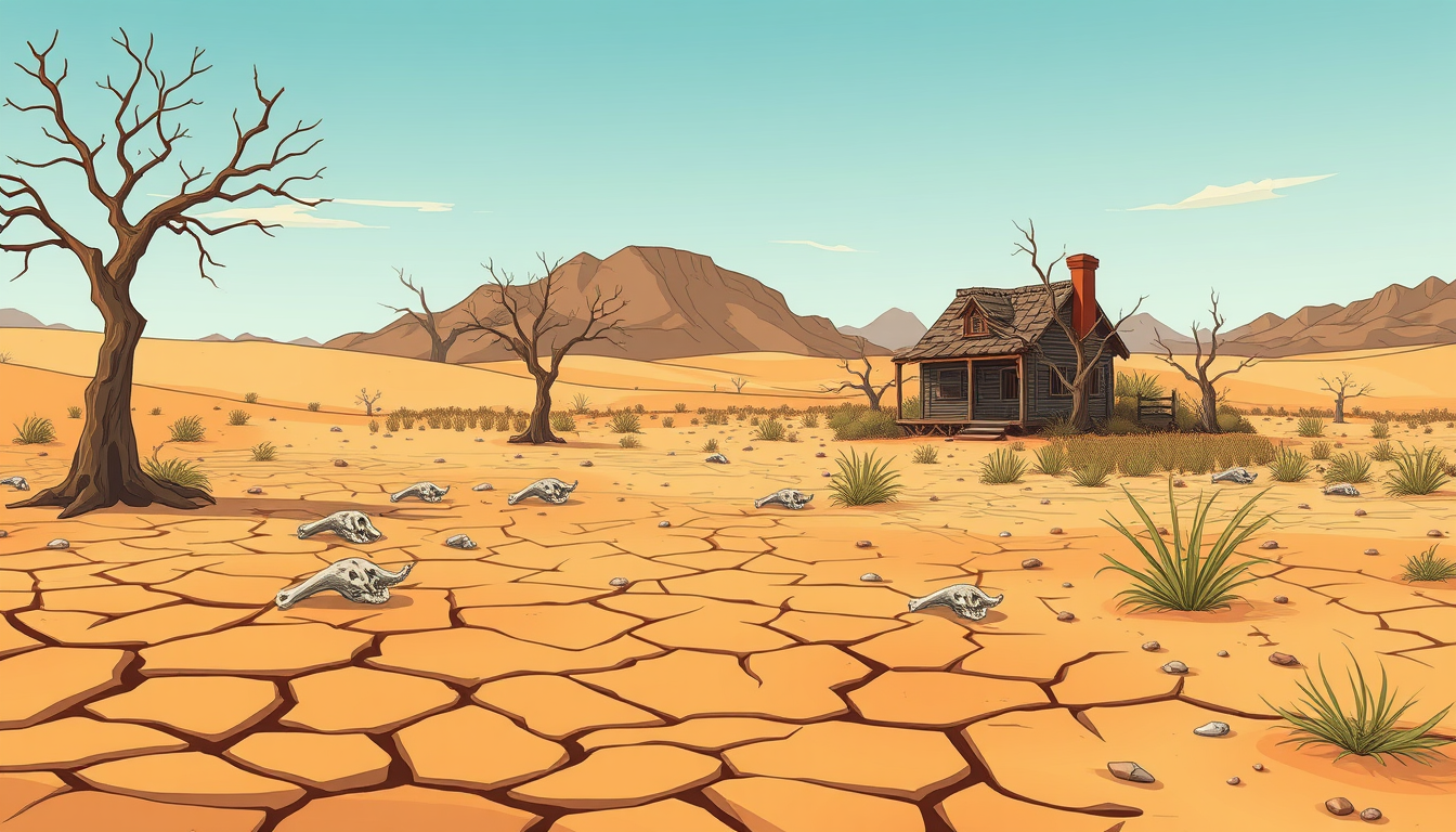 Main art studio: Wide 16:9 2D cartoon desert landscape for a school presentation. In the CENTER: cracked dry soil, scattered animal bones, dead leafless trees, withere