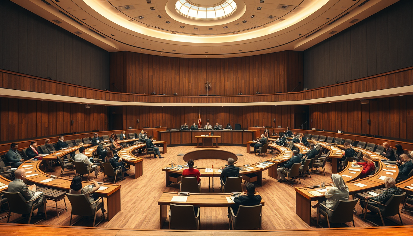 Main art studio: Nimm exakt den Thüringer Plenarsaal, runde Anordnung der Sitzplatz- und Tischanordnung, als Vorbild mit Sicht vom Rednerpult aus. generiere Personen a