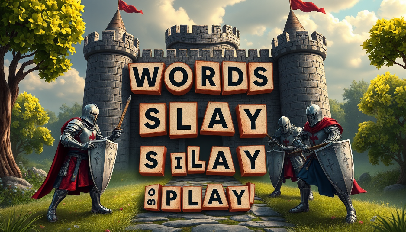 Main art studio: Words Slay & Play with 4 knights in front of a castle