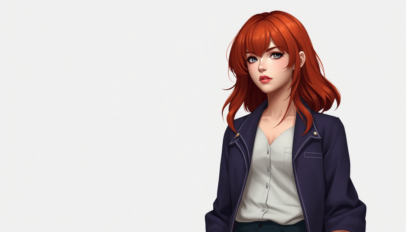 Characters idea: an original character defined by silhouette, role, outfit, palette, and expression, deliberate composition, a woman with red hair , polished image, co