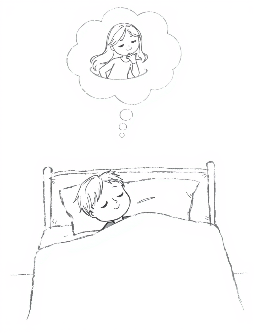 Main art studio: A simple black-and-white pencil sketch, like a child casually drew it. A little boy is sleeping peacefully in his bed, dreaming of a girl he deeply mi