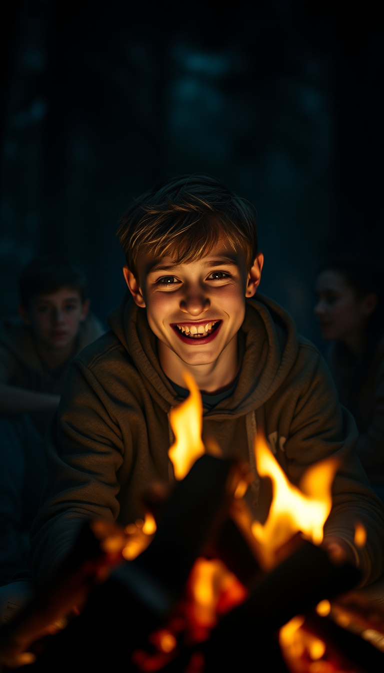 Main art studio: A teenage boy sitting directly across a campfire at night, staring toward the camera. His head is turned at an unnatural angle, his expression is unna