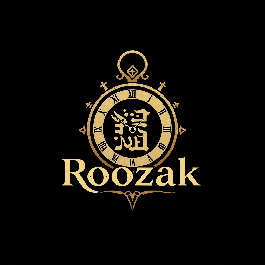 Main art studio: writing{variant=“standard” id=“37461”} Unique cinematic logo for “روزک Roozak”, mysterious time-travel theme, ancient clock mixed with a modern date s