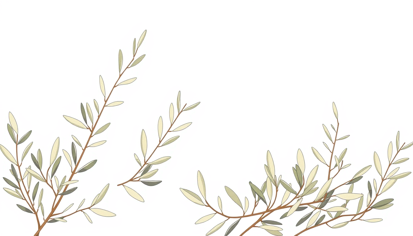 Main art studio: Elegant minimalist botanical illustration of wild olive branches and eucalyptus leaves, soft sage green and beige palette, Scandinavian style, clean w