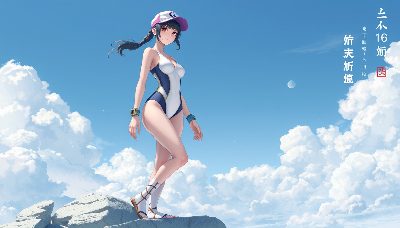 Main art studio: 動漫風格魔法少女,16~18歲,可愛風格,MINERVA BODYSUIT(半透明,後背完全簍空),搭配超短版百褶裙、黑色Stirrup Socks、Toe Ring Sandals,高露出度色情服裝,正面和背面兩種視角,黑髮、馬尾,巨乳(F-cap),藍白色系配色。