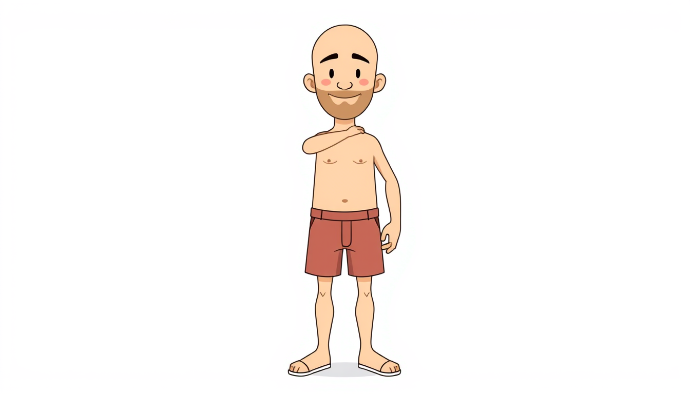 Main art studio: A simple, bald male 2D cartoon character in a symmetrical front-facing T-pose, wearing plain shorts, no shirt, no jacket, no beard, flat colors, thick