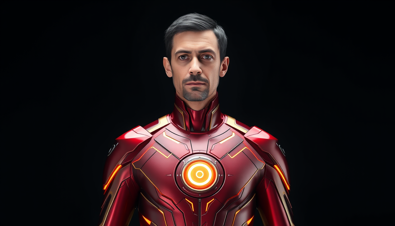 Main art studio: Photorealistic futuristic superhero. Middle-aged genius inventor, short dark hair, neatly trimmed goatee. Wearing a sleek liquid-metal red and gold na