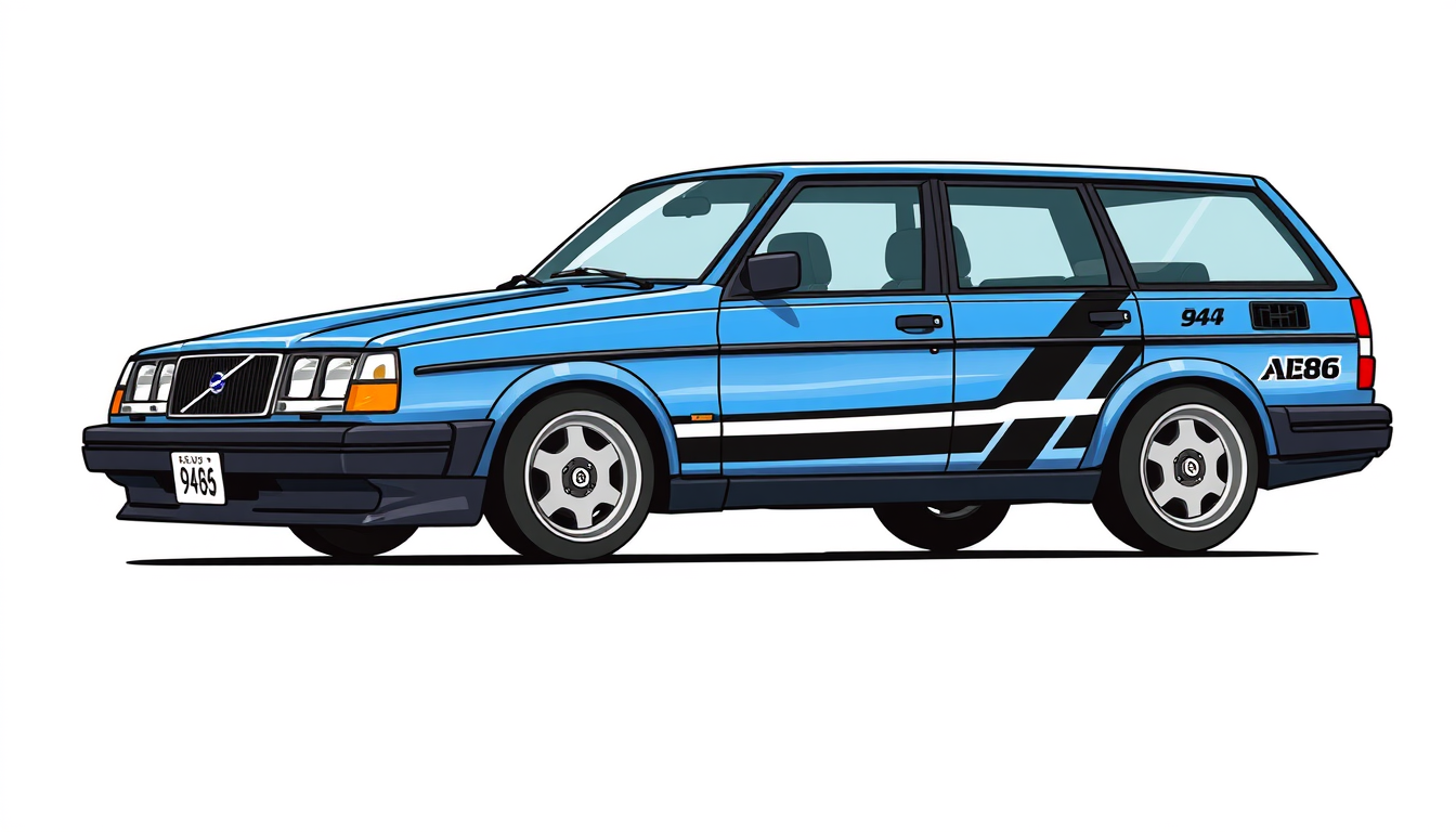 Main art studio: Anime-style hand-drawn Volvo 940 universal wagon, blue body, inspired by the iconic Japanese AE86 aesthetic. Black and white racing stripes similar to