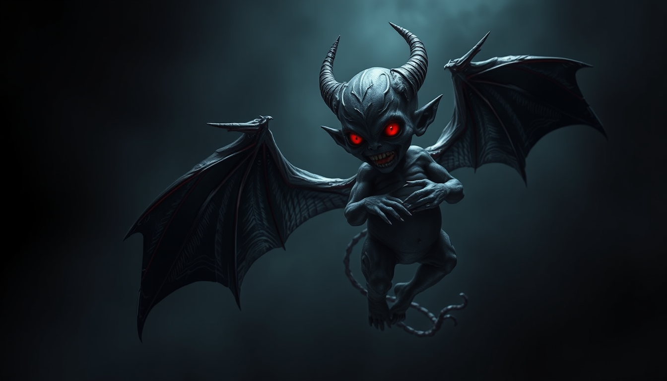 Main art studio: Dark epic fantasy, gothic horror, vampiric daemon, supernatural unborn creature, grotesque fetus, ebony-black skin, glowing crimson eyes, tiny vampire