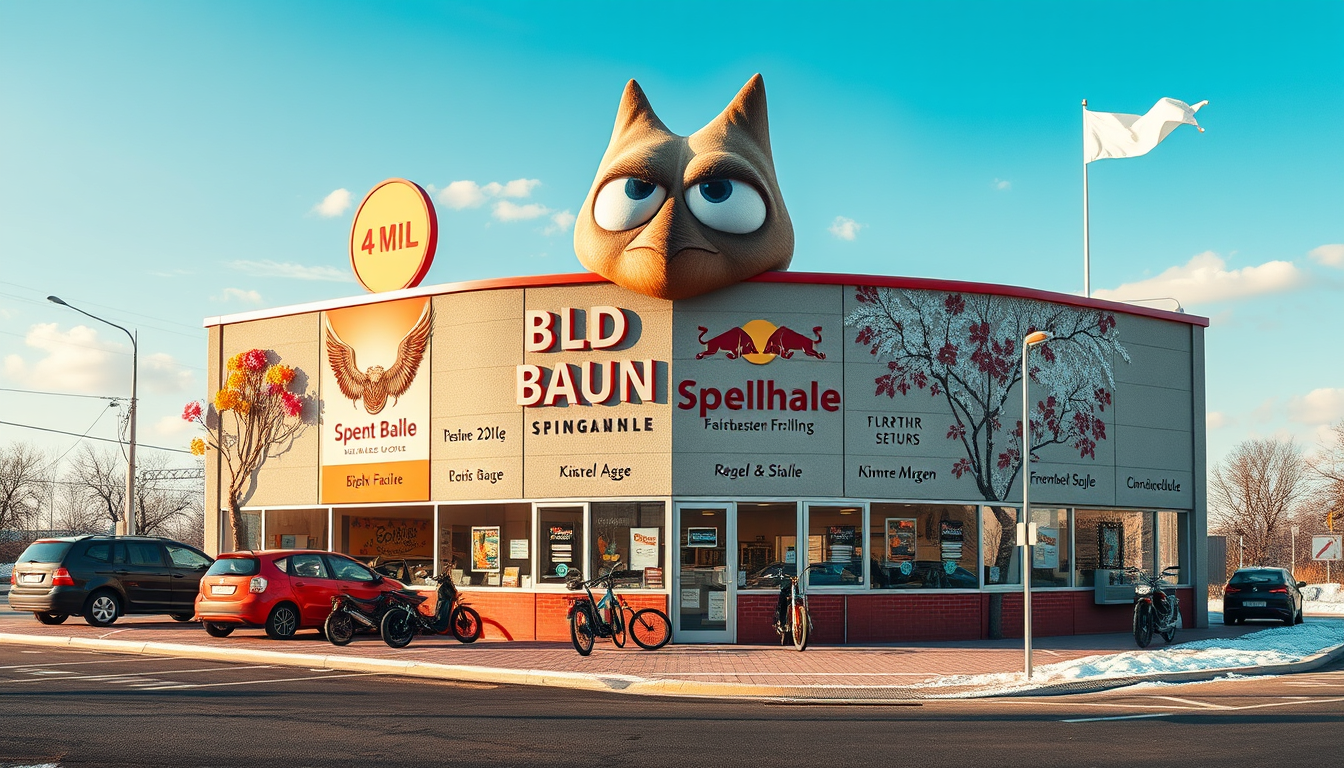 Main art studio: Realistisches, wehmütig-herzliches Plakat einer bald schließenden Spielhalle. Ein lachendes Auge blickt zurück. Das Gebäude zeigt alle 4 Jahreszeiten: