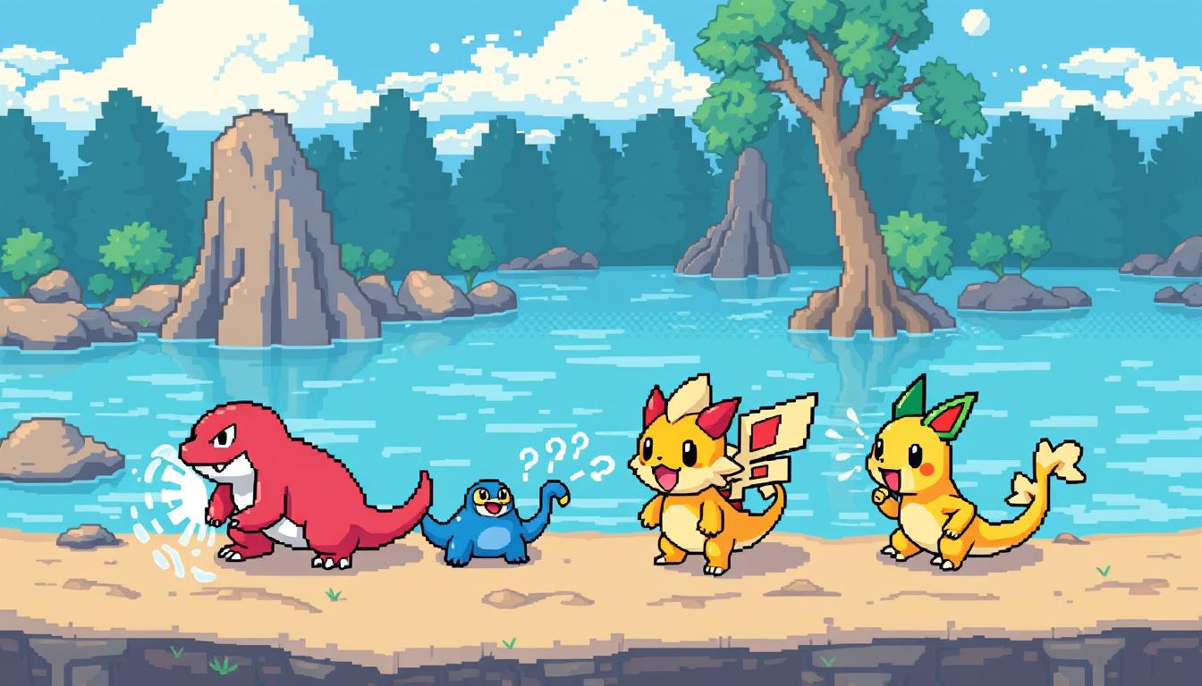 Pixel Art idea: pixel art style, 16-bit, retro game art, Give me all kanto Water Pokemon fully evolved , pixel perfect, indie game aesthetic