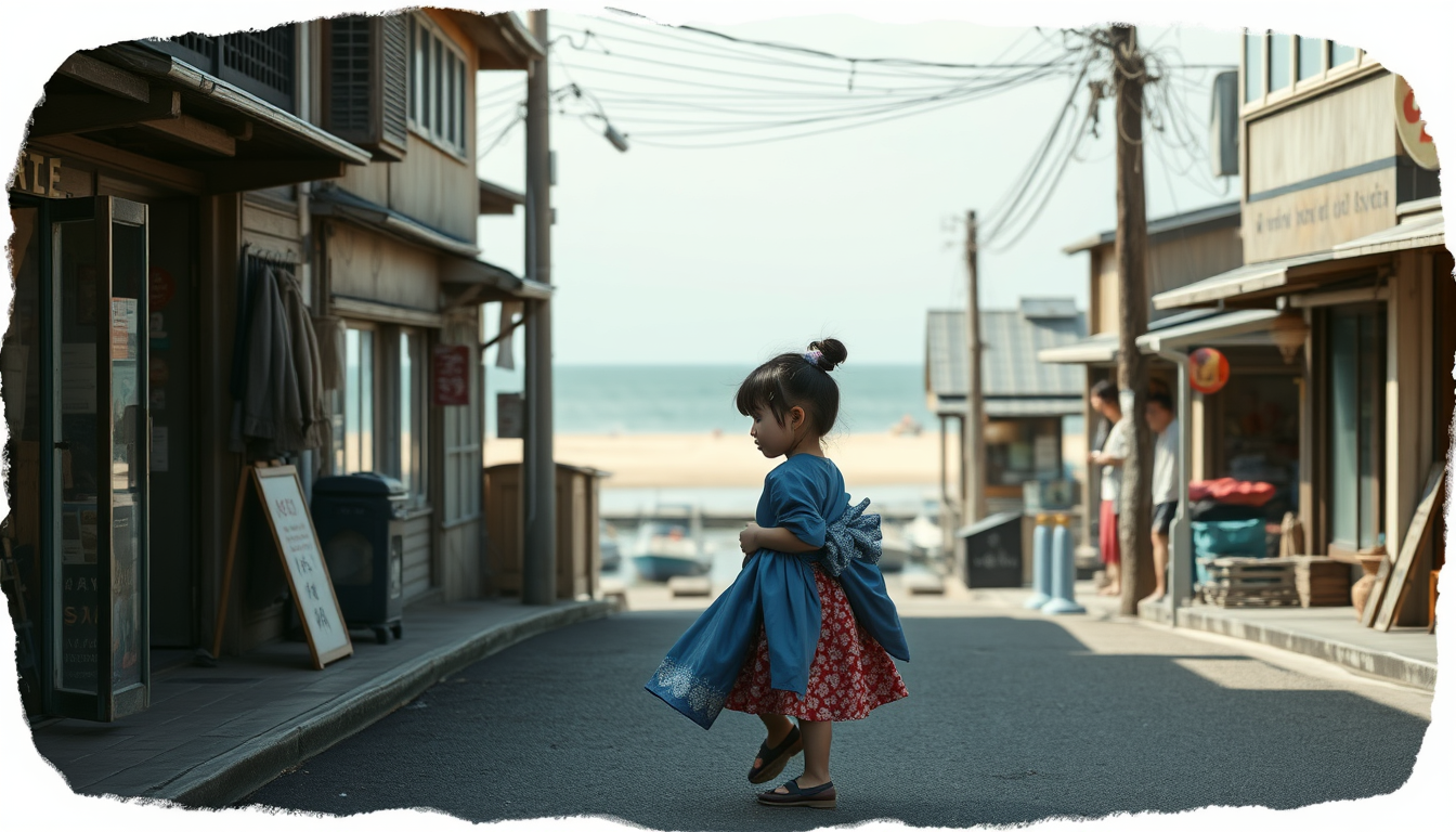 Main art studio: A little Japanese girl is walking along a street past old shops, the beach can be seen as well as the docks below with boats in the water. She is carr