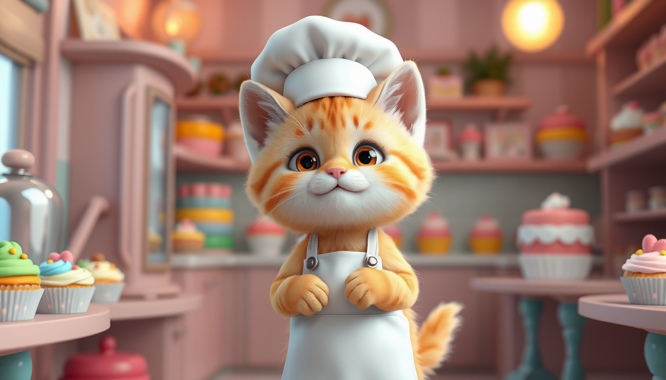 Main art studio: A tiny adorable fluffy orange kitten wearing a white baker hat and white apron, standing inside a cute cozy bakery filled with colorful cupcakes and c