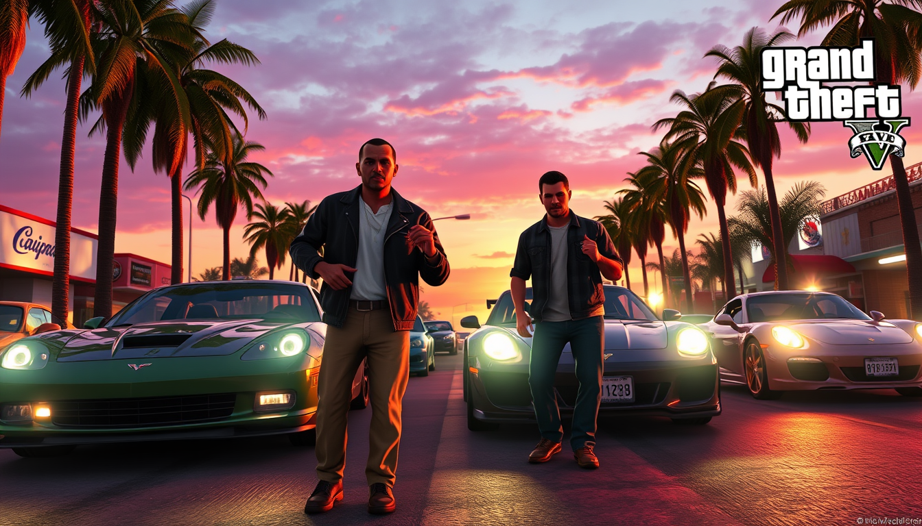 Main art studio: Epic GTA V gaming channel banner, Franklin Clinton with the Grove Street crew together, Los Santos street at sunset, cool cars, palm trees, cinematic