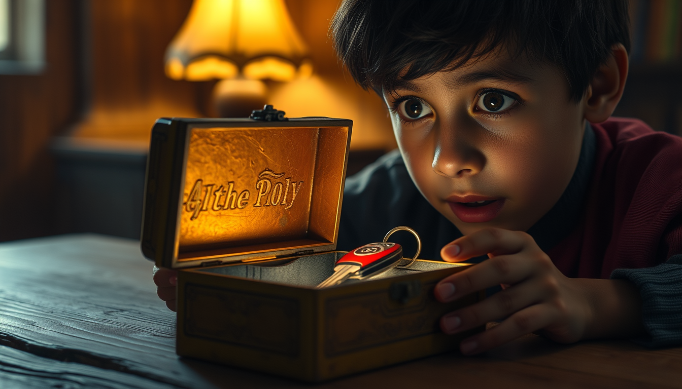 Main art studio: The same poor young Pakistani village boy slowly opens the mysterious old golden box on the wooden table. Inside the box is a shiny red sports car key