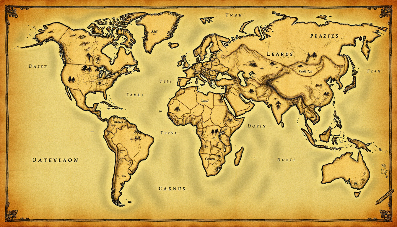 Fantasy Maps idea: fantasy world map, hand-drawn cartography, aged parchment, mountains forests and coastlines, Un continent fictif grand avec des péninsule qui n'est pa
