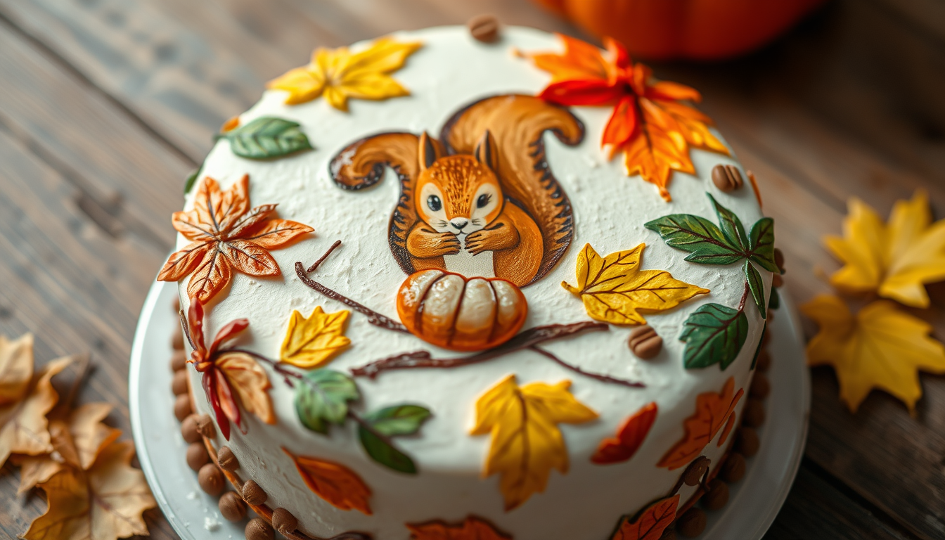 Main art studio: An autumn birtday cake that it is painted with leaves and in the centre a squirrel that eats a nut. The squirrel also painted. Not for a child