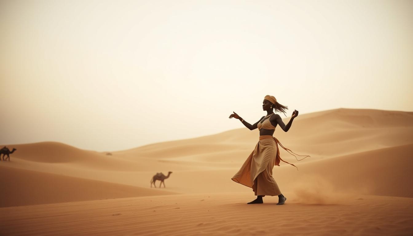 Main art studio: create a sexy africa girl in desert dancing in primitive minimalistic clothes