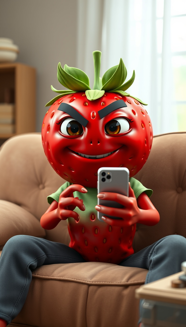 Main art studio: The exact same cinematic 3D anthropomorphic strawberry character, identical red strawberry head with tiny seeds, green leafy crown, huge expressive br