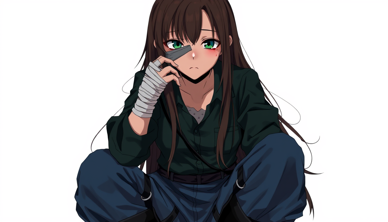 Characters idea: original character design, detailed outfit and accessories, expressive personality, 22-year-old woman, long dark brown hair, tired dark green eyes, pa
