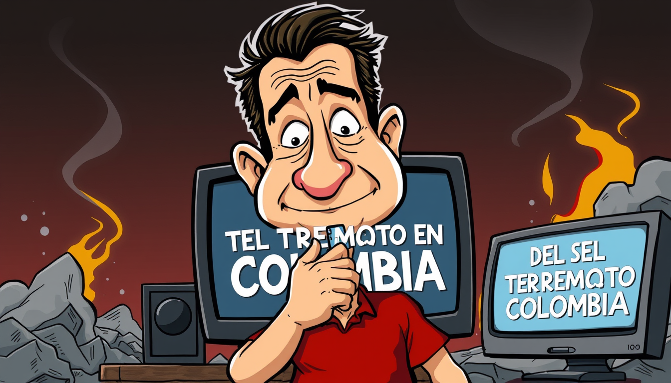 Main art studio: de abelardo de la aspriella antes de dar una noticia del terremoto haz esta imagen con estilo de caricatura y dibujo animado, quiero que de la imagen 