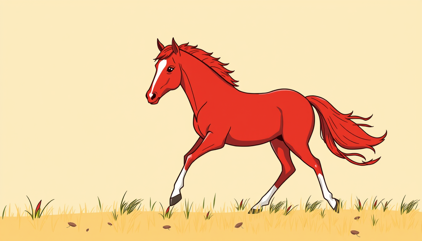 Main art studio: A red horse with a White snip like draw/ Cartoon its gonna be a beige backgrond