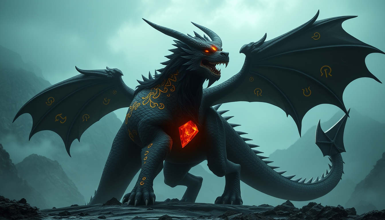 AI Art prompt example created from the prompt: A colossal dragon-wolf hybrid, strongly dragon-like with subtle wolf traits. Black obsidian scales, huge swept-back horns, sharp claws, powe