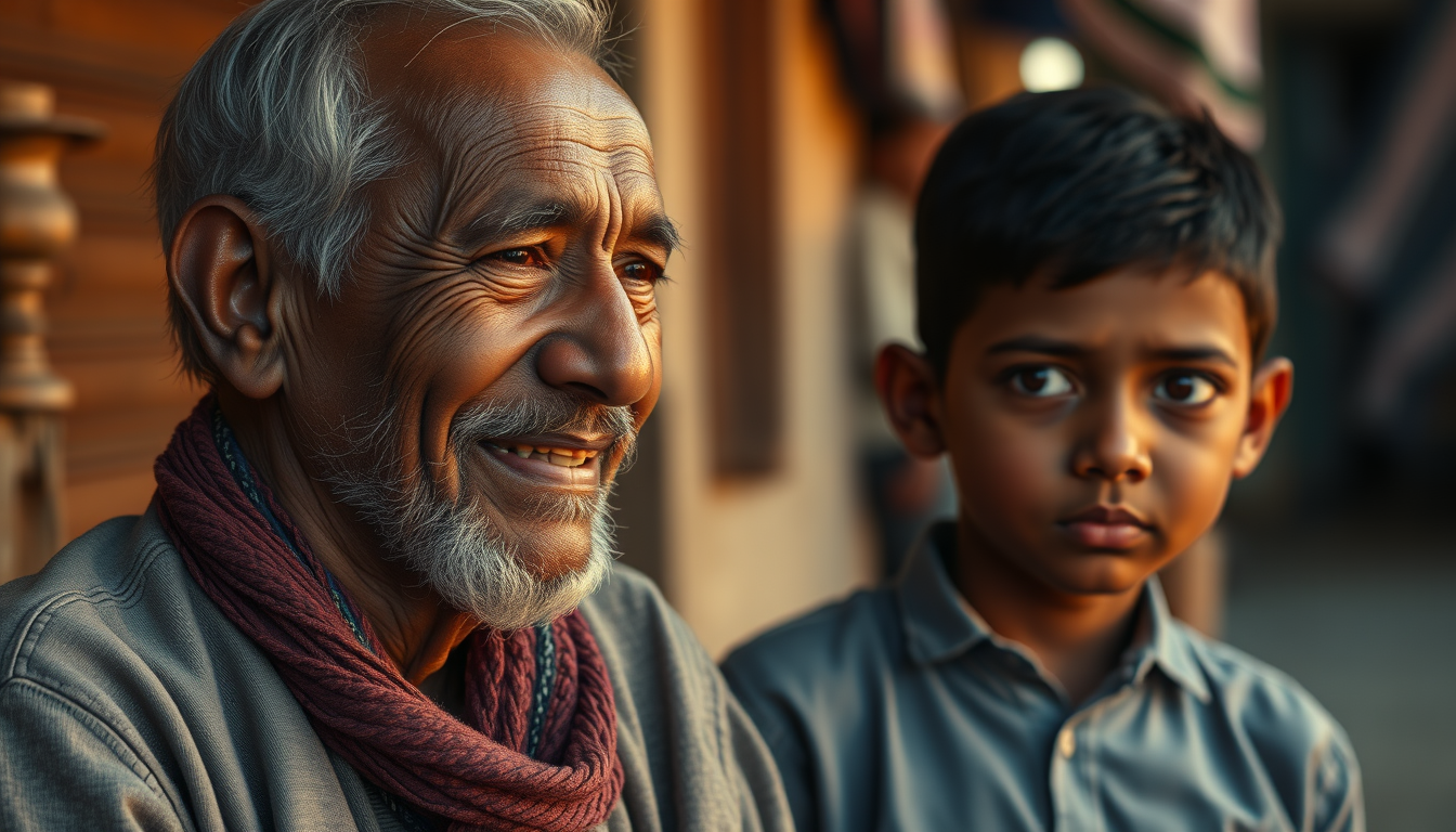 Main art studio: Close cinematic shot of the same 65-year-old Indian chai seller smiling softly while looking into the distance, the same schoolboy listening carefully