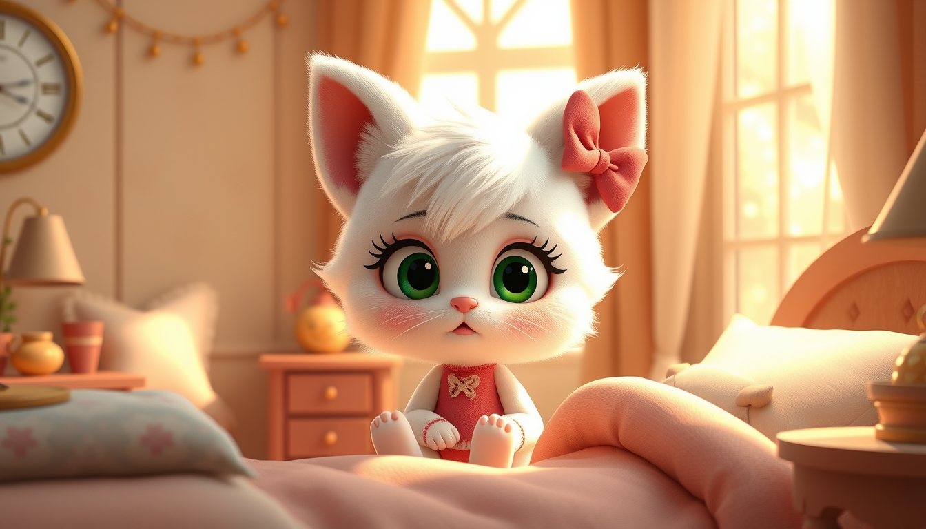 AI Art prompt example created from the prompt: Use the uploaded Mimi reference image. Keep Mimi's exact character design, pure white fluffy fur, big green eyes, face, body proportions, ou