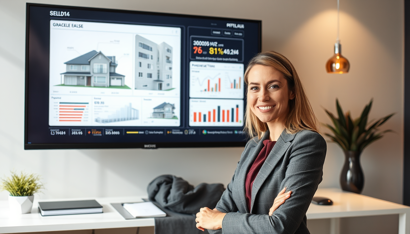 Main art studio: Agente immobiliare professionista davanti a un grande monitor con grafici immobiliari, planimetrie e dati di vendita. Ufficio elegante, atmosfera prof