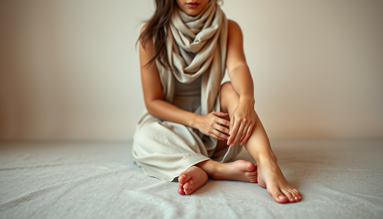Main art studio: "A beautiful Iranian woman with a light scarf and a tight dress, sitting on a soft surface, her bare feet with pinkish soles resting on the floor, war