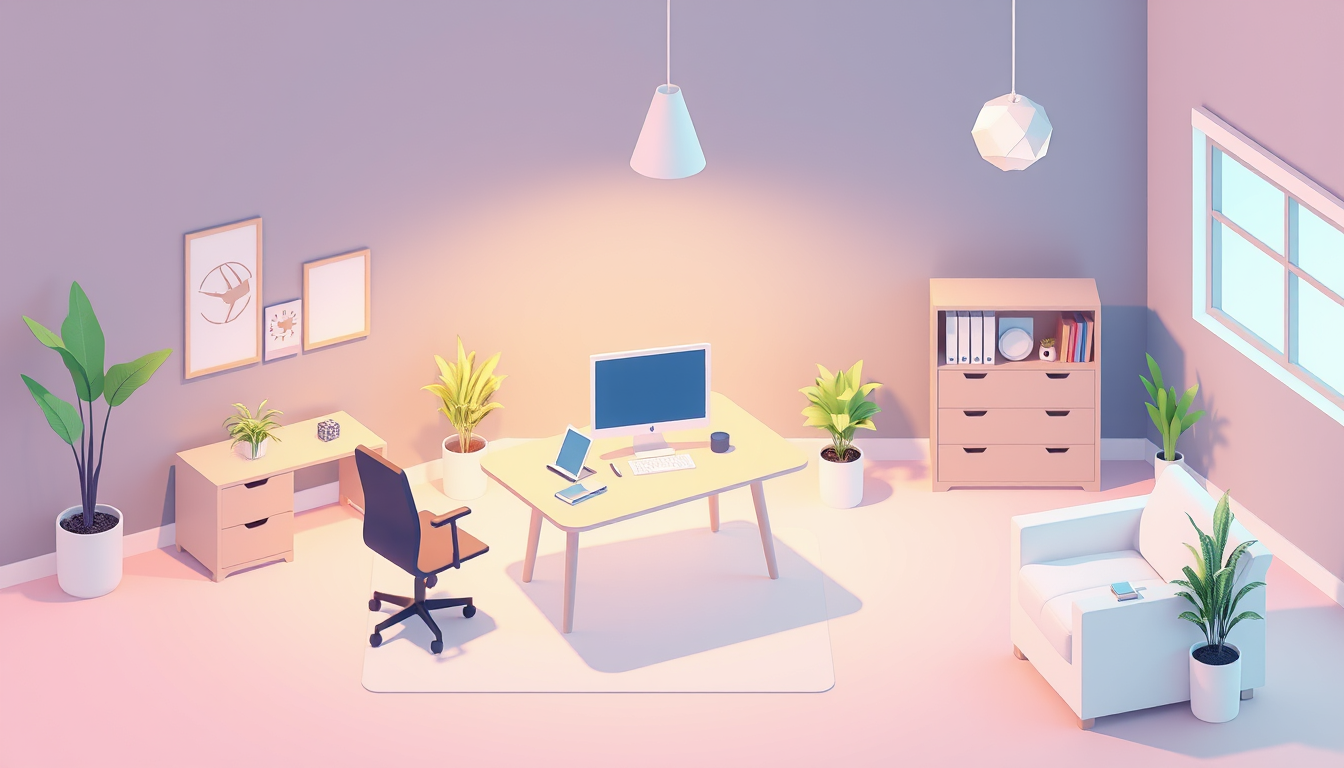Main art studio: isometric office workspace, soft pastel tones, minimal vector art