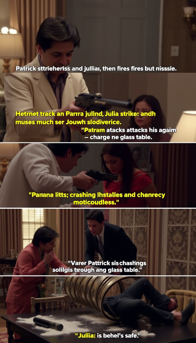 Main art studio: Patrick threatens Param and Julia, then fires but misses. Julia strikes him, but Patrick attacks Param and stabs Julia. He mocks her divorce. When Pat