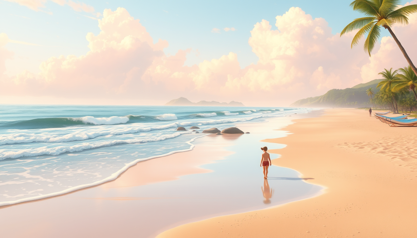 Main art studio: Transform the Muchangpo Beach photo into a warm animated movie illustration. Keep the original beach, ocean waves, tidal flats, and coastline. Create