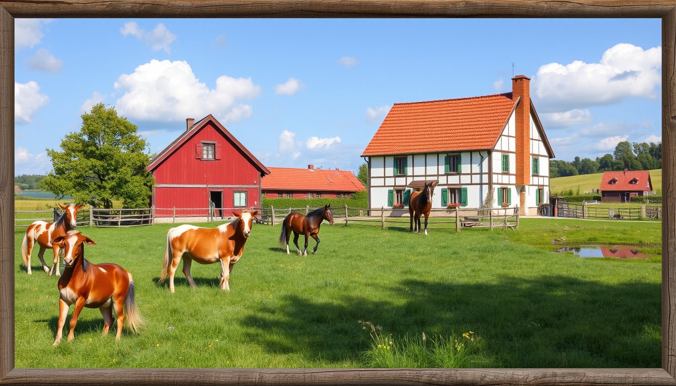 AI Art prompt example created from the prompt: Erstelle mir folgendes Bild: Ei idilischer Bauernhof kit einer klassischen roten Scheune. Kühen , die auf einem Feld grasen und einem gemütl
